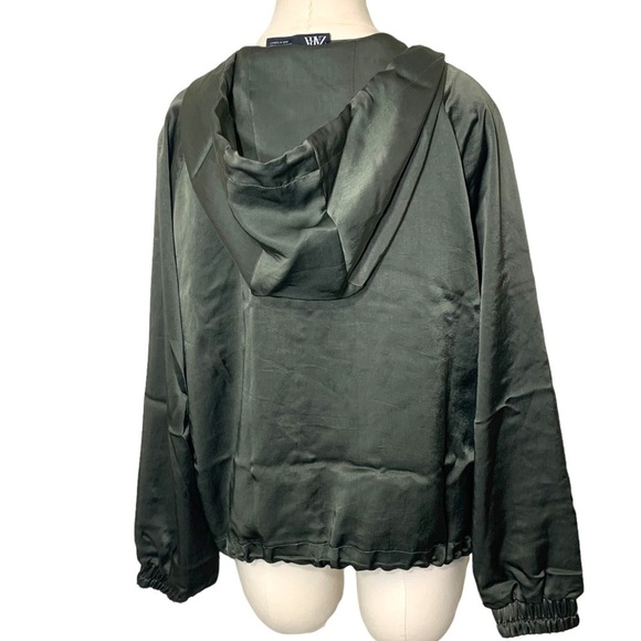 Zara Satin Bomber Jacket Green Hooded Zip Up Green Sz M Relaxed Fit Y2K - Picture 3 of 15